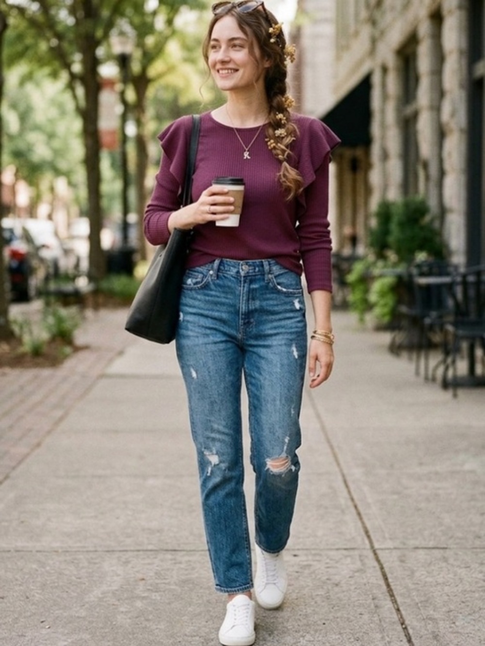 Lucky Brand Rib Ruffle Top, Tawny Port, Large